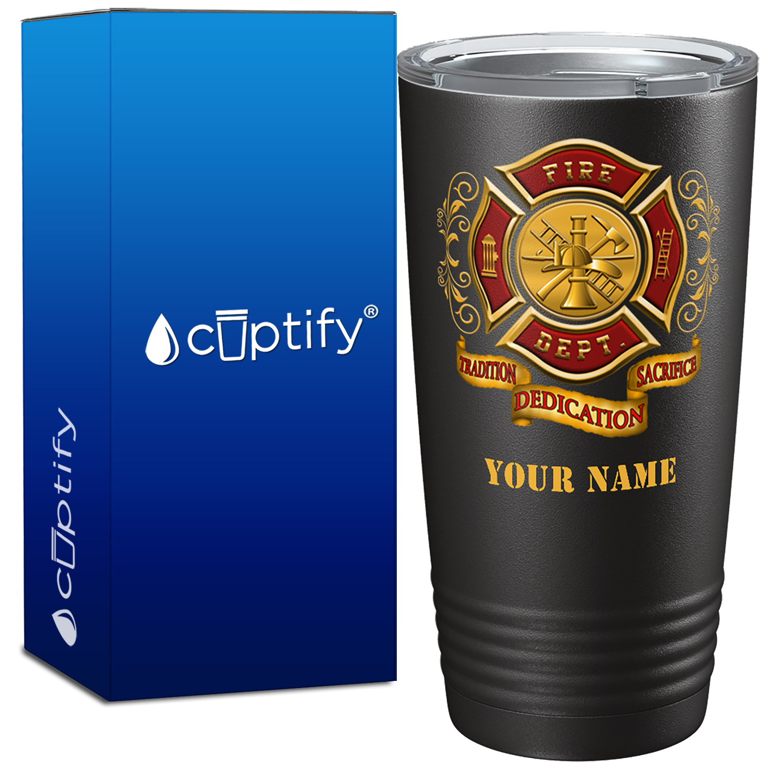 Personalized Red Gold Fire Department Badge on Black Tumbler