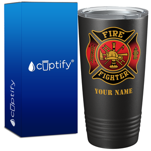 Personalized Red and Black Fire Department Badge on Stainless Steel Firefighter Tumbler