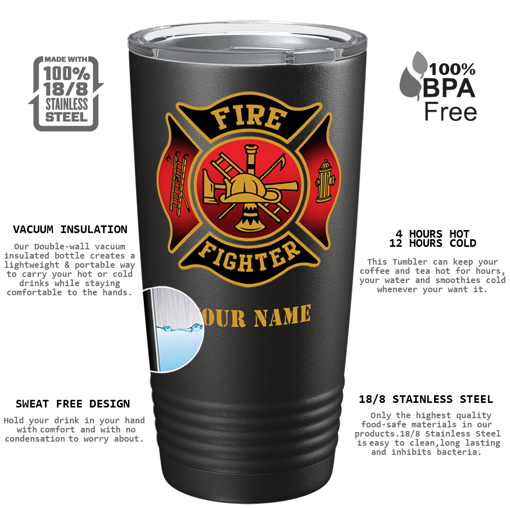 Personalized Red and Black Fire Department Badge 20oz Black Firefighter Tumbler