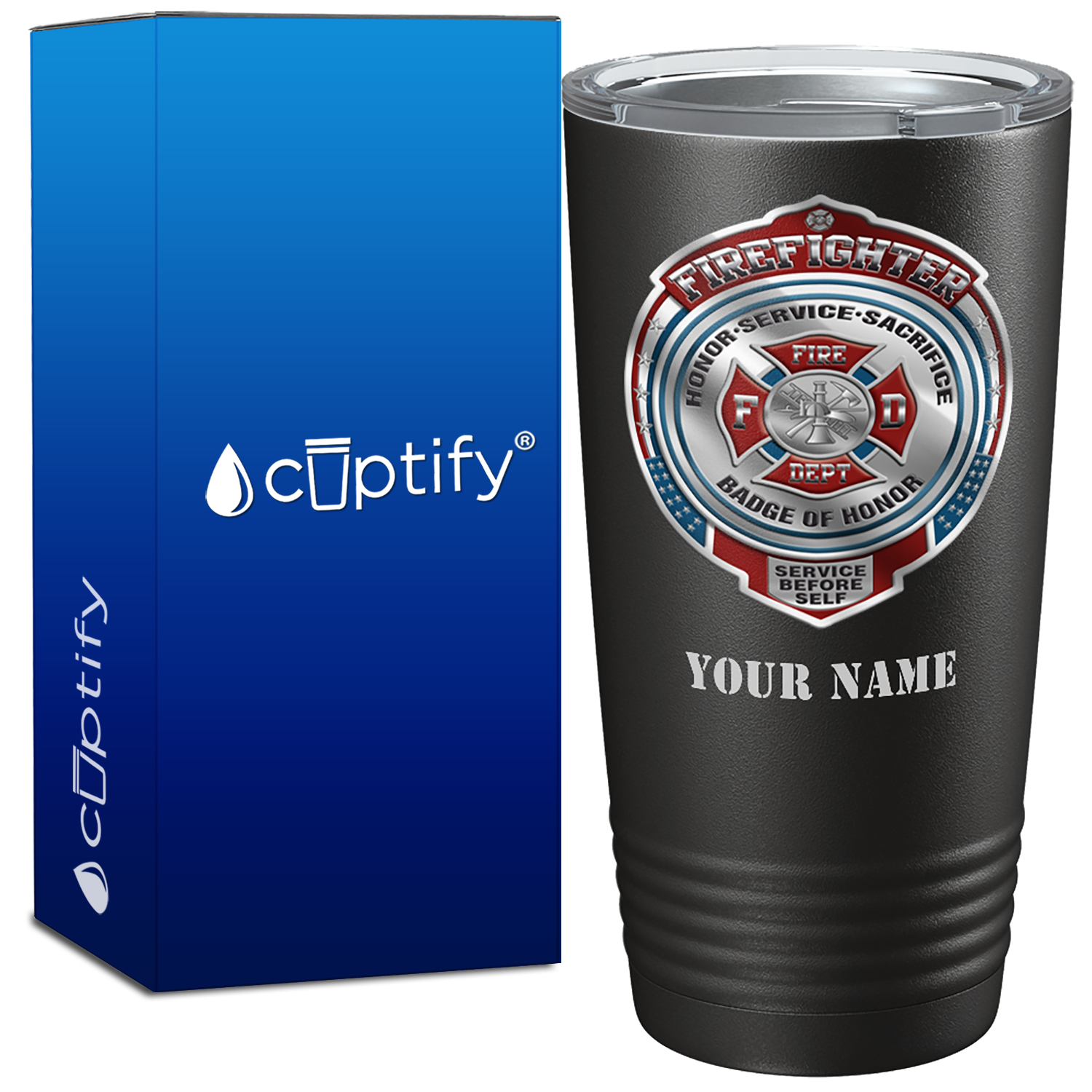 Personalized Firefighter Badge of Honor on Black Tumbler