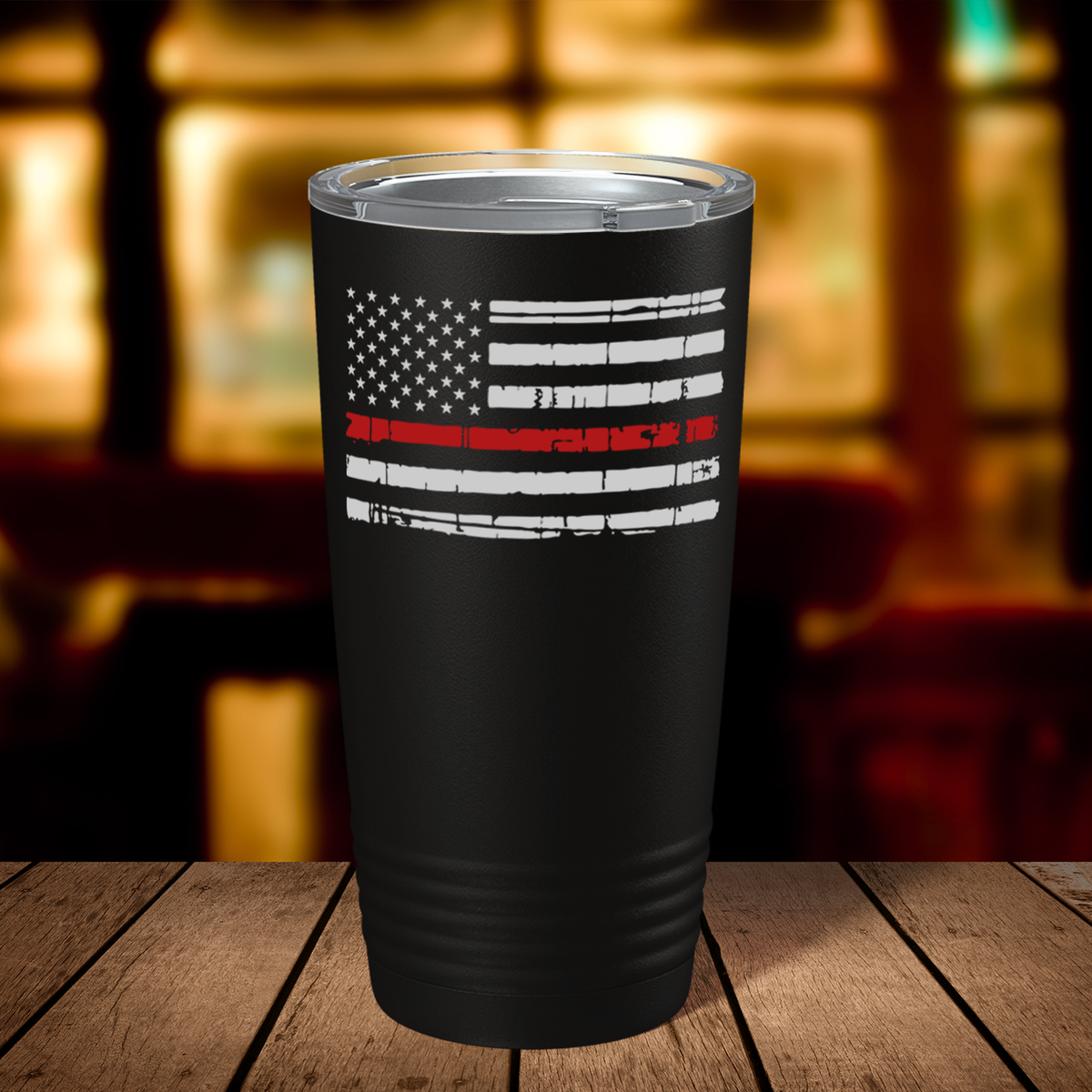 Distressed Red Line Flag 20oz Black Firefighter Tumbler