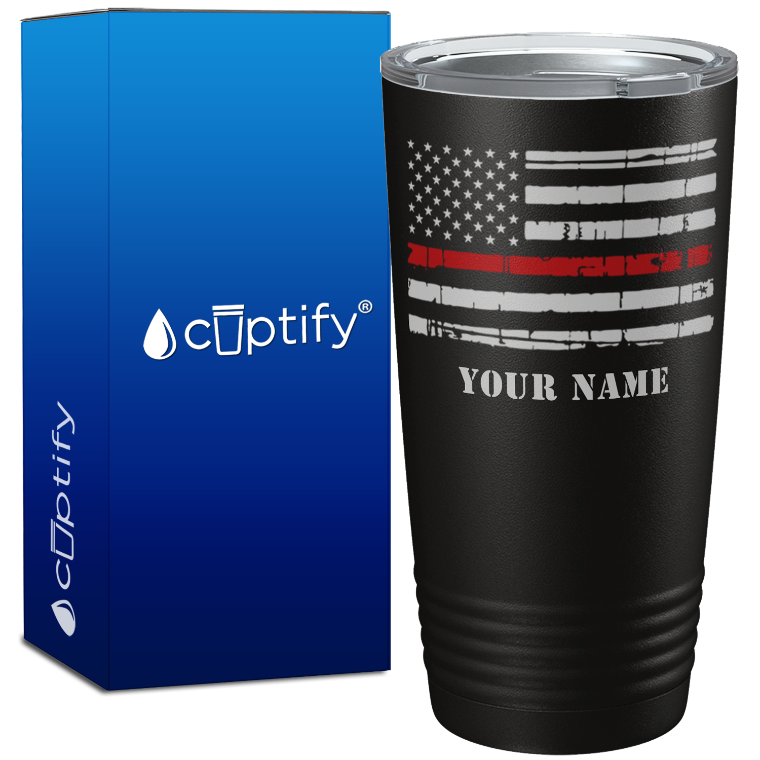 Personalized Distressed Red Line Flag 20oz Black Firefighter Tumbler