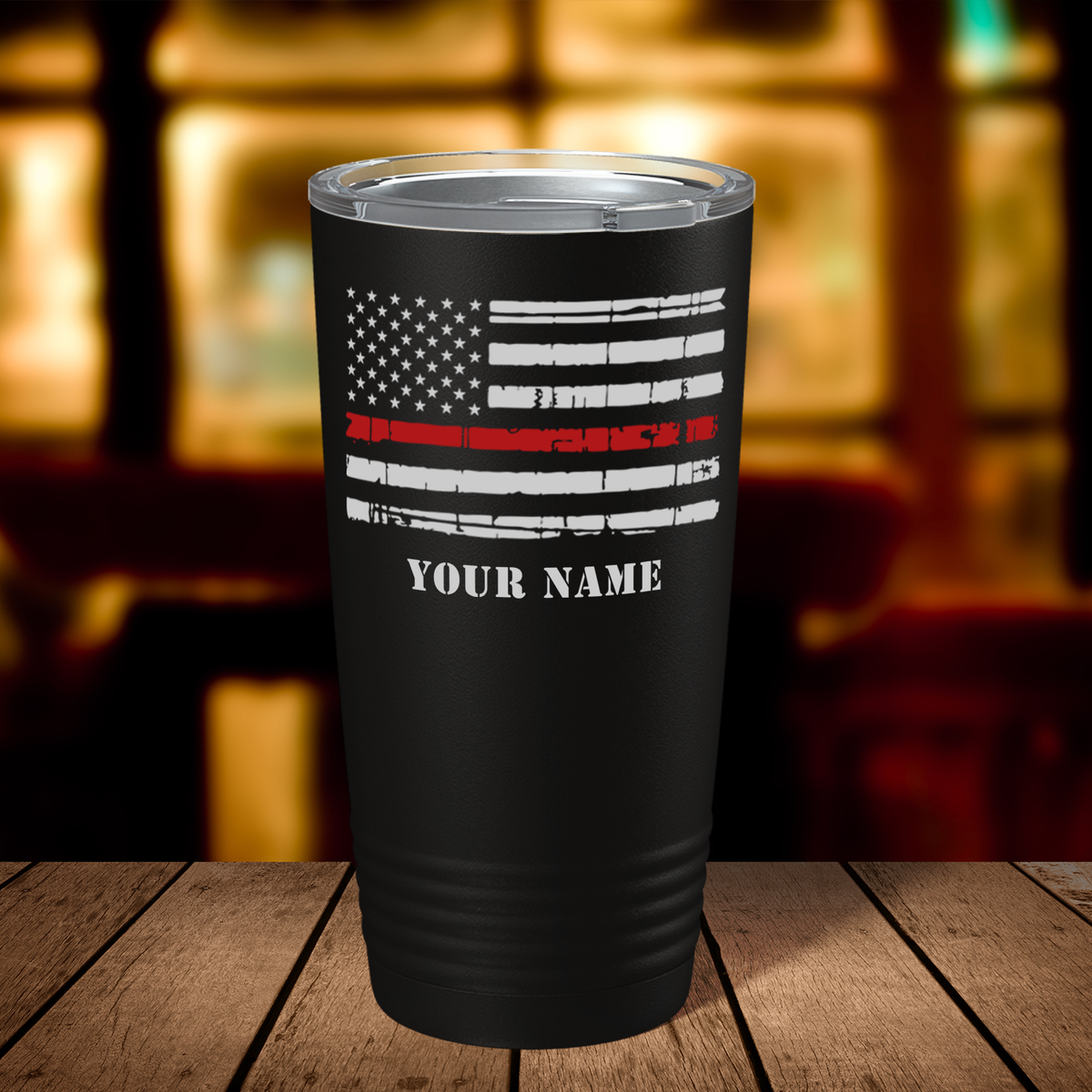 Personalized Distressed Red Line Flag 20oz Black Firefighter Tumbler