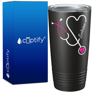 Personalized Pink Stethoscope Nurse Heart Black 20oz Tumbler