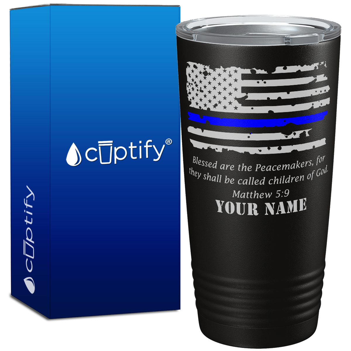 Personalized Police Thin Blue Flag Peacemakers 20oz Black Tumbler