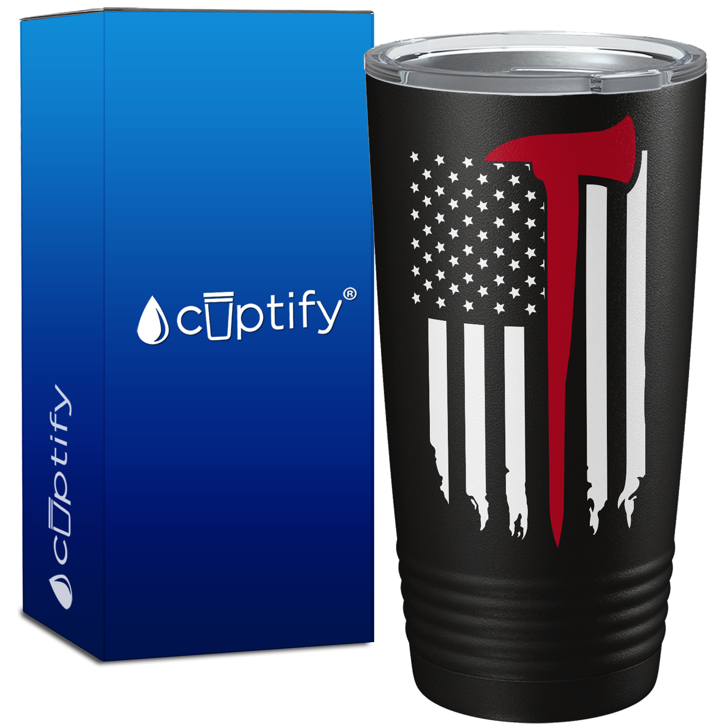 Distressed Red Line Flag with Axe on Black Tumbler