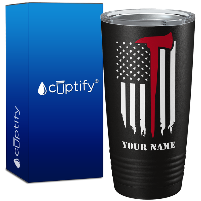 Personalized Distressed Red Line Flag with Axe 20oz Black Firefighter Tumbler