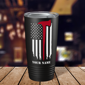 Personalized Distressed Red Line Flag with Axe 20oz Black Firefighter Tumbler