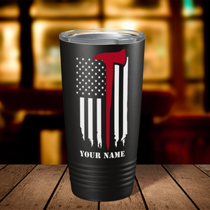 Personalized Distressed Red Line Flag with Axe 20oz Black Firefighter Tumbler