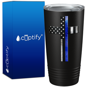 Retro Thin Blue Line Cross Long Police 20oz Black Tumbler