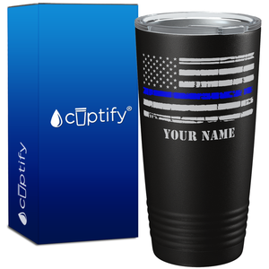 Personalized Distressed Thin Blue Line Flag Police 20oz Black Tumbler