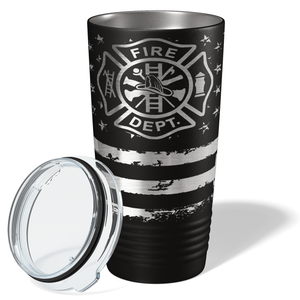 Firefighter Department Badge on Distressed Flag Engraved Wrap 20oz Black Tumbler