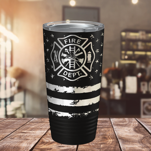 Firefighter Department Badge on Distressed Flag Engraved Wrap 20oz Black Tumbler