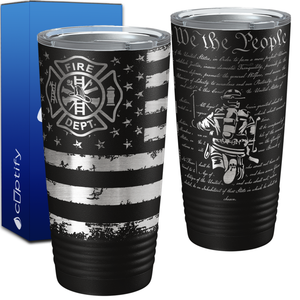 Firefighter Badge Distressed FlagEngraved Wrap 20oz Black Tumbler