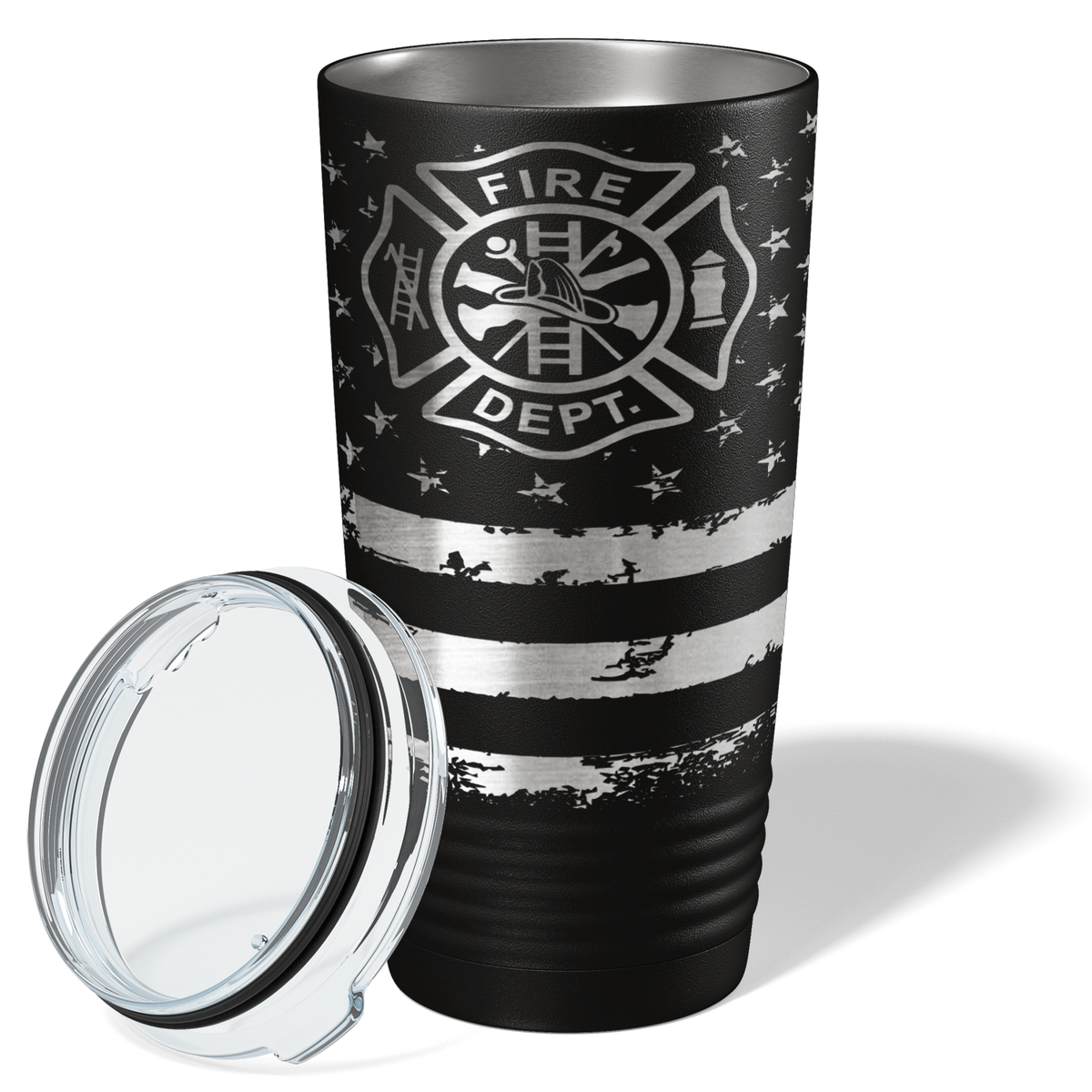 Firefighter Badge Distressed Flag Engraved Wrap 20oz Black Tumbler