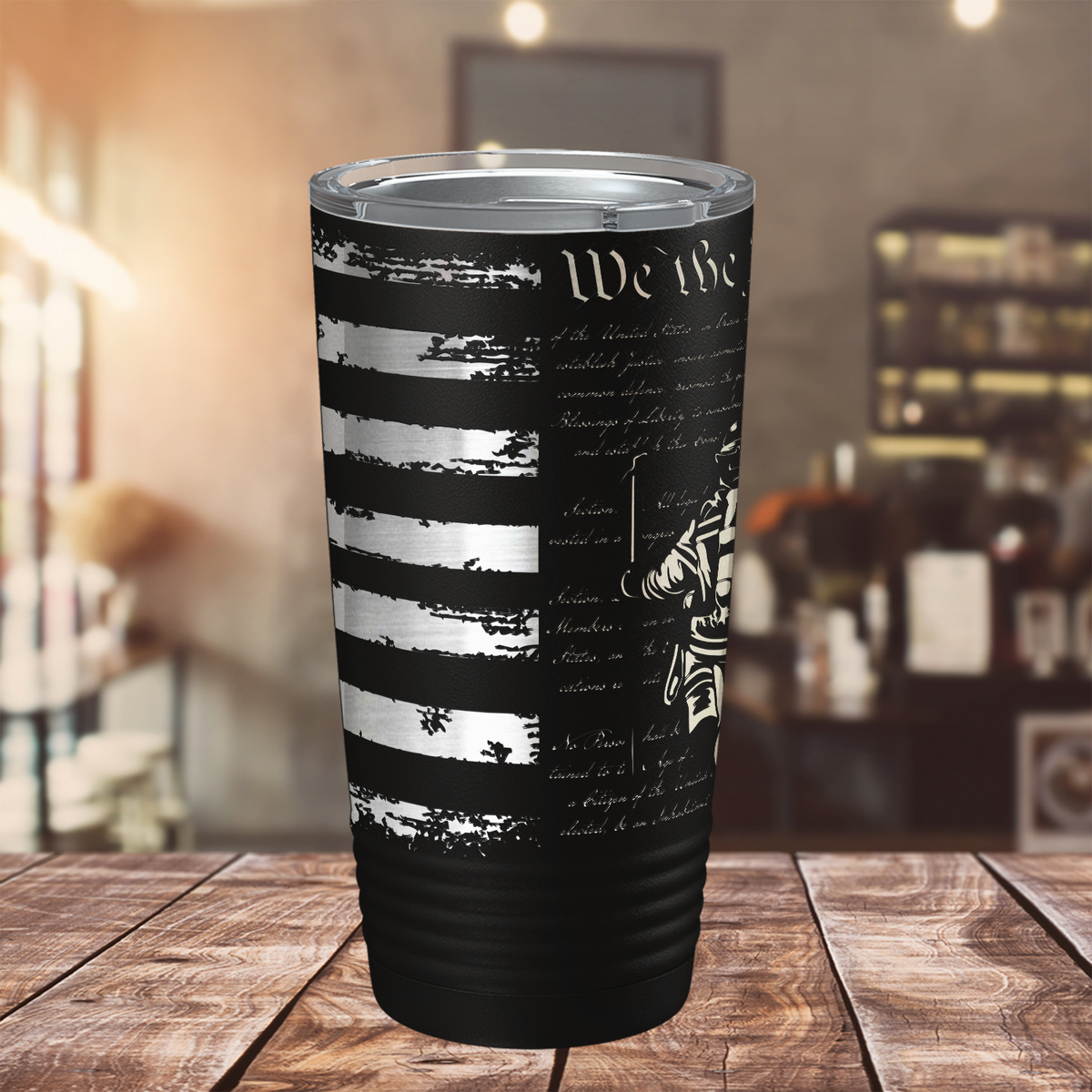 Firefighter Badge Distressed Flag Engraved Wrap 20oz Black Tumbler