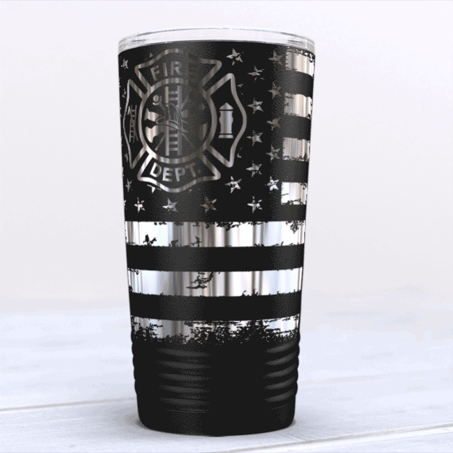 Firefighter Badge Distressed Flag Engraved Wrap 20oz Black Tumbler