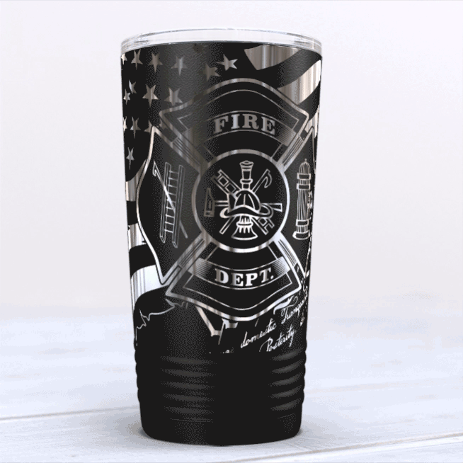 Fire Department Badge on American Flag Engraved Wrap 20oz Black Tumbler