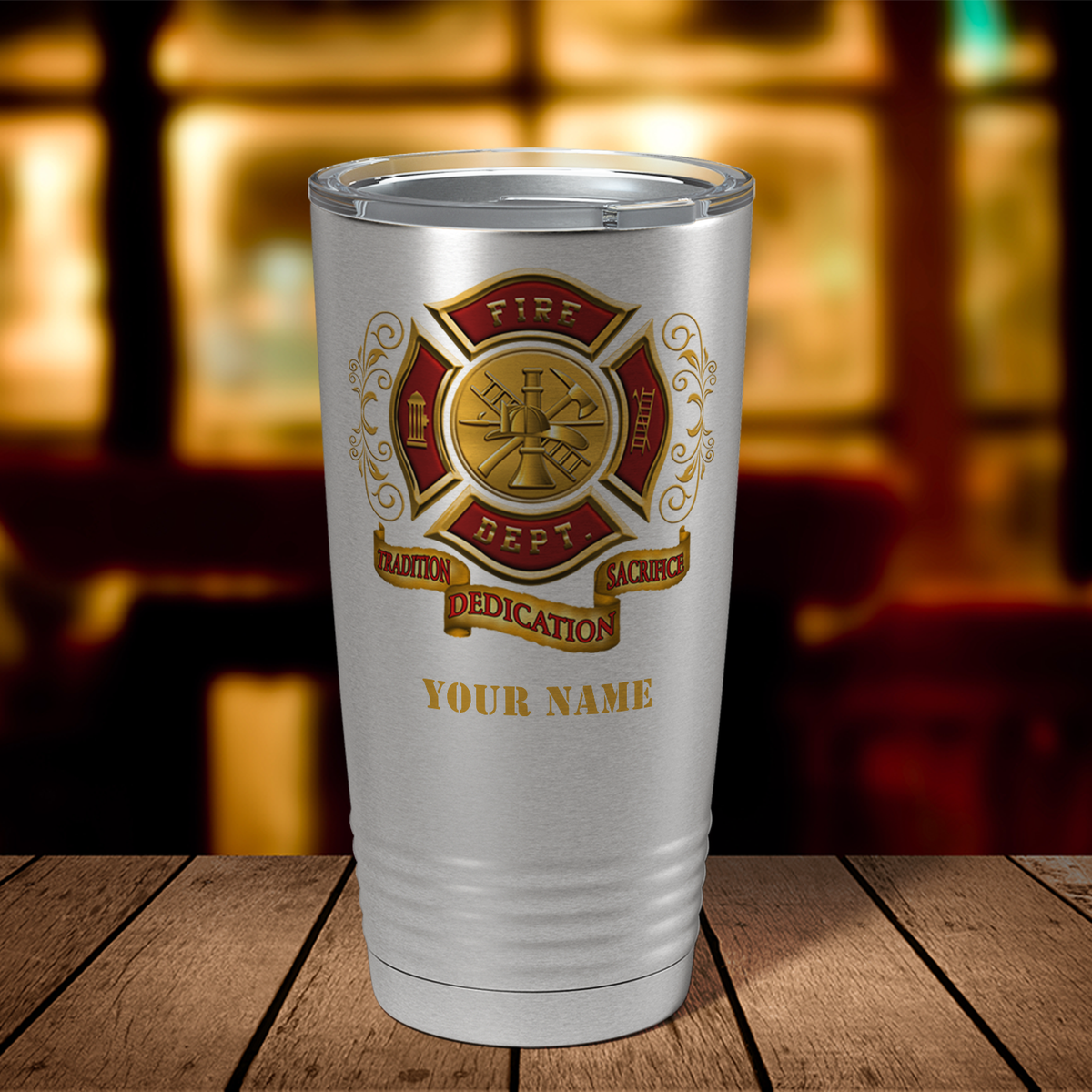 Personalized Red and Gold Fire Department Badge 20oz Stainless Firefighter Tumbler