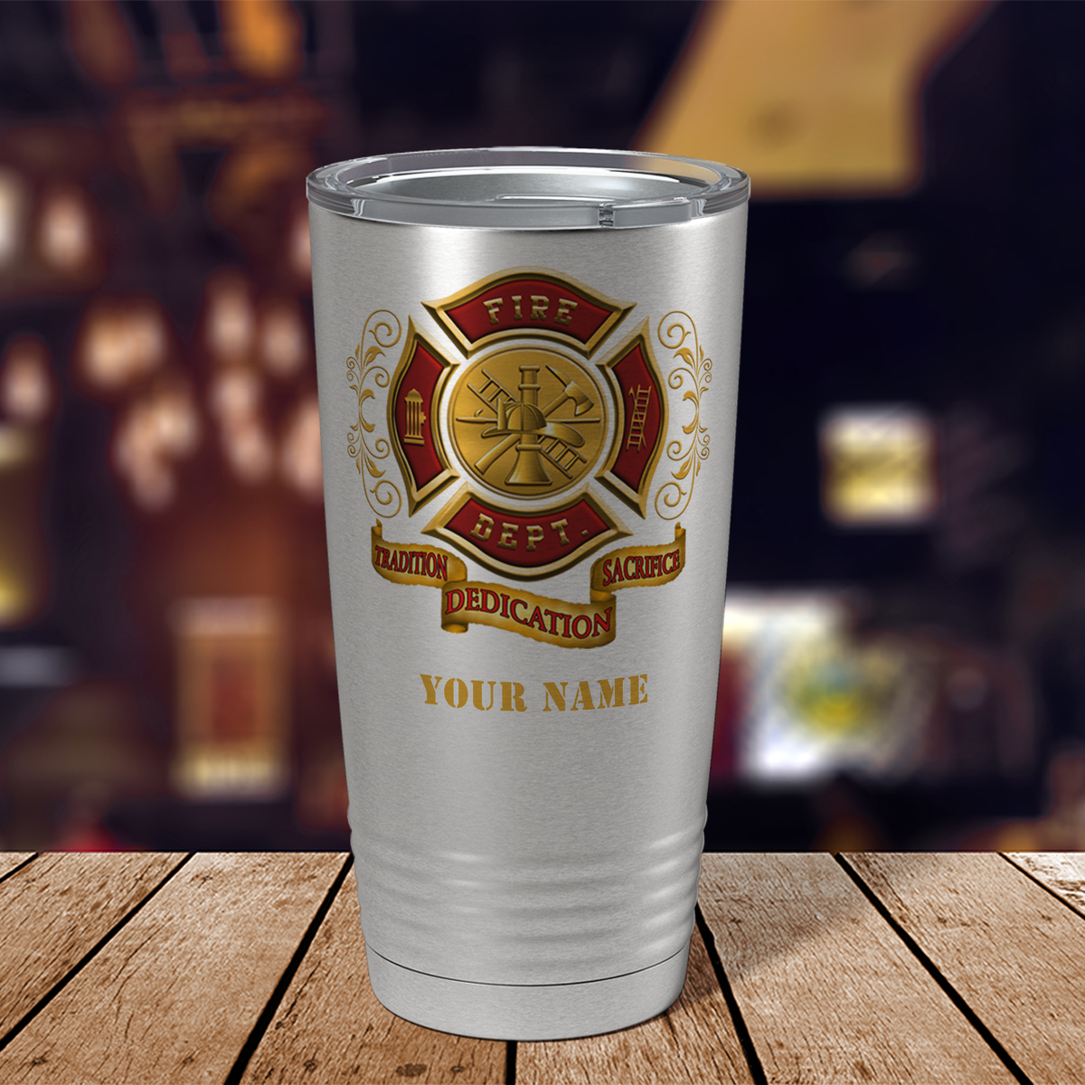 Personalized Red and Gold Fire Department Badge 20oz Stainless Firefighter Tumbler
