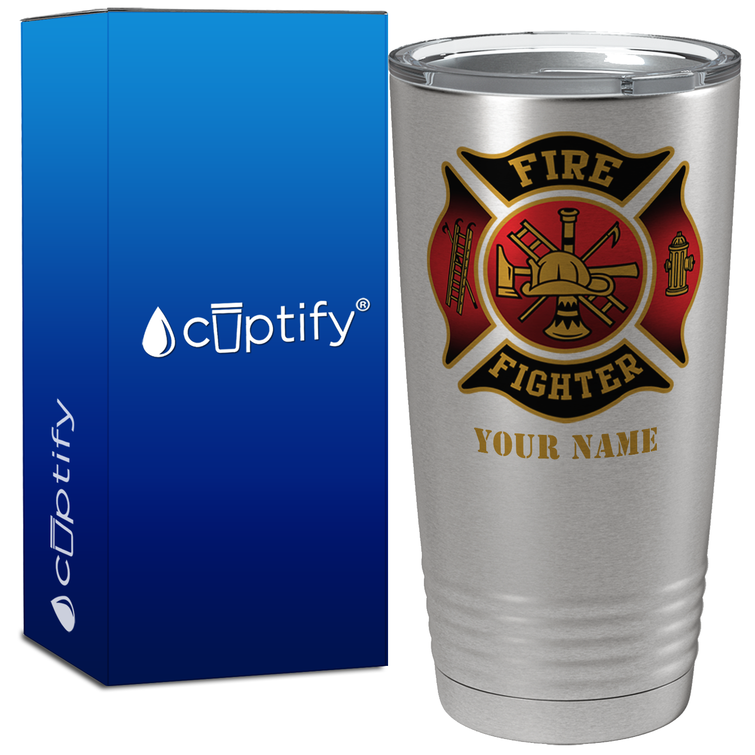 Personalized Red and Black Fire Department Badge on Stainless Tumbler