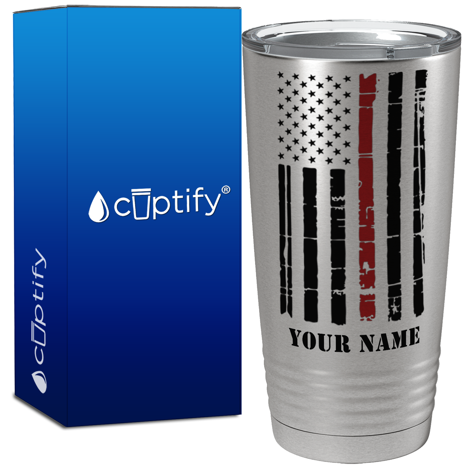 Personalized Distressed Red Line Flag on Stainless Tumbler