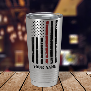 Personalized Distressed Red Line Flag 20oz Stainless Firefighter Tumbler