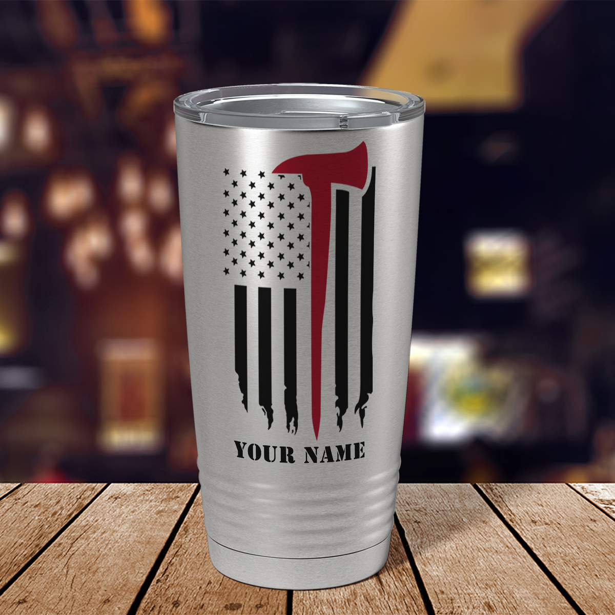 Personalized Distressed Red Line Flag with Axe 20oz Stainless Firefighter Tumbler