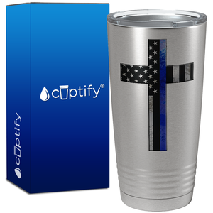 Retro Thin Blue Line Cross Long Police 20oz Stainless Tumbler