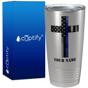 Personalized Retro Thin Blue Line Cross Long Police 20oz Stainless Tumbler