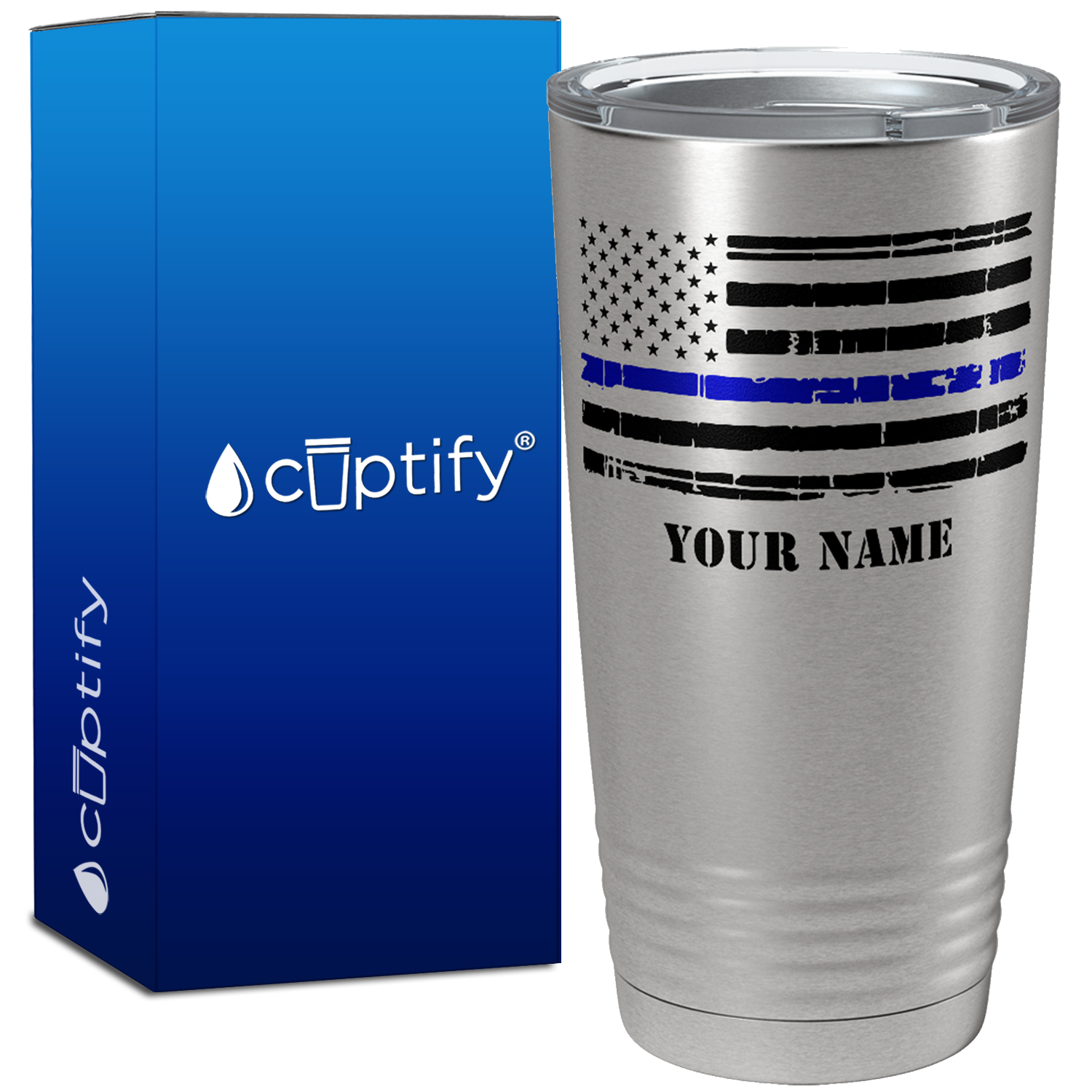 Personalized Distressed Thin Blue Line Flag Police 20oz Stainless Tumbler