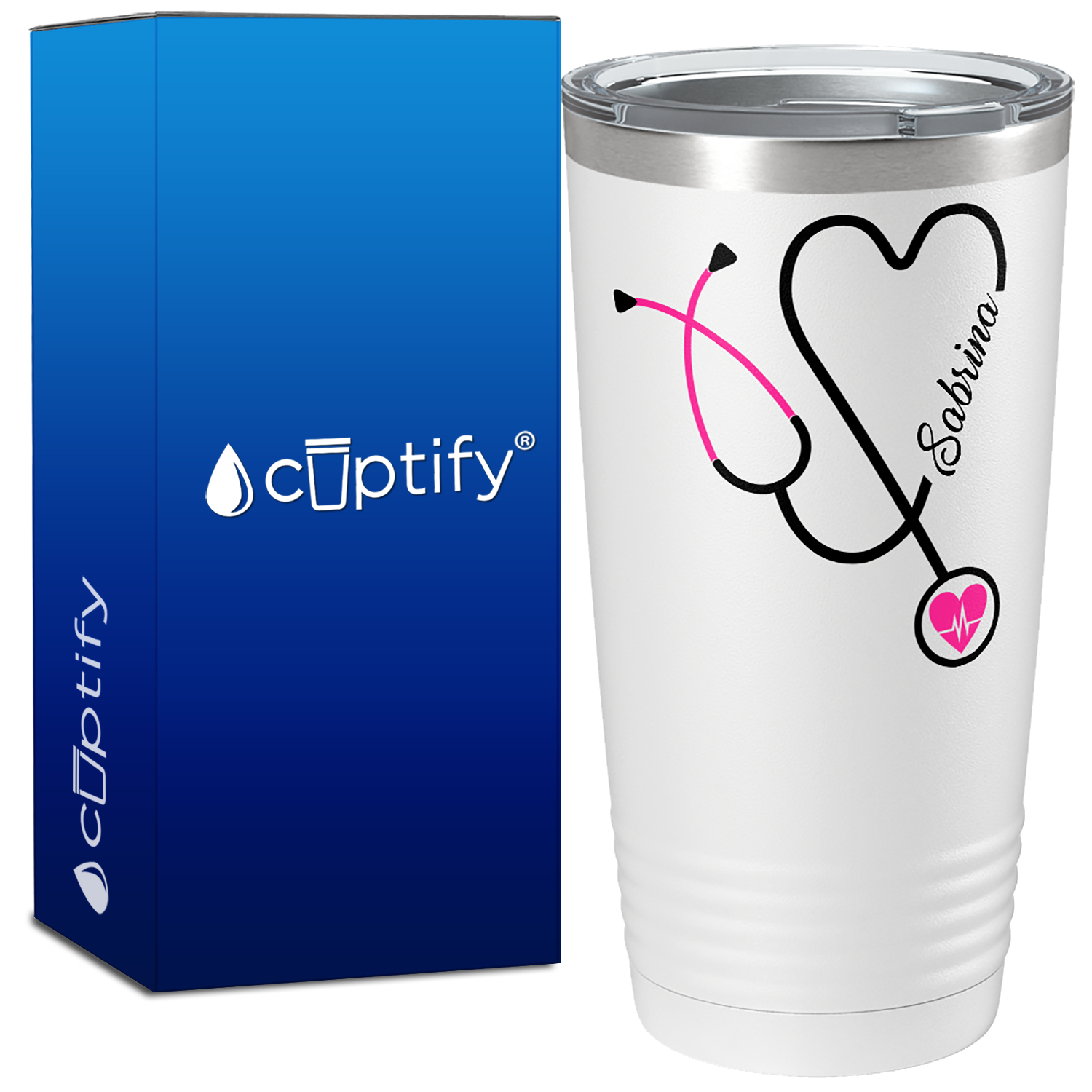Personalized Pink Stethoscope Nurse Heart White 20oz Tumbler
