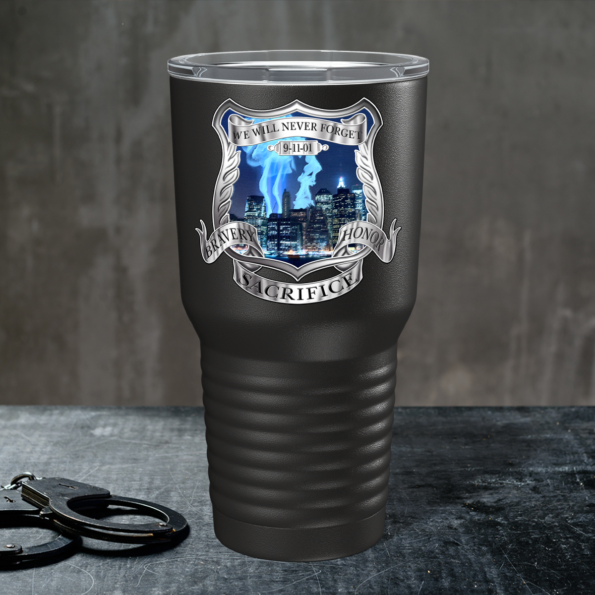 Police  911 - We Will Never Forget on Black 30oz Police Tumbler