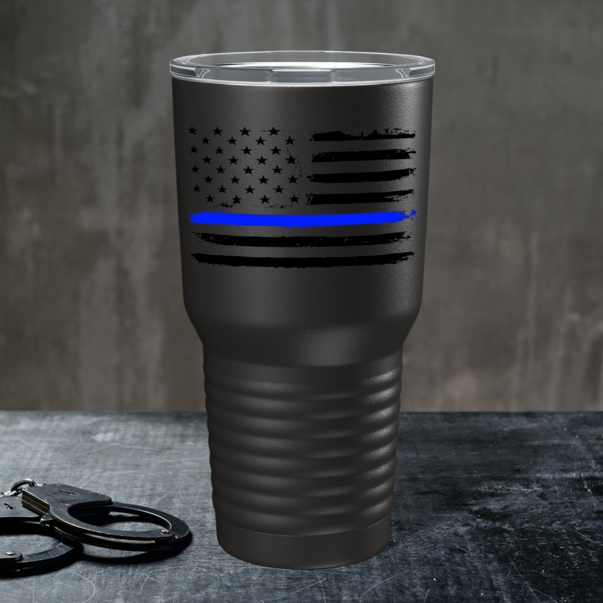 Retro USA Flag Police Thin Blue Line on Black 30oz Police Tumbler