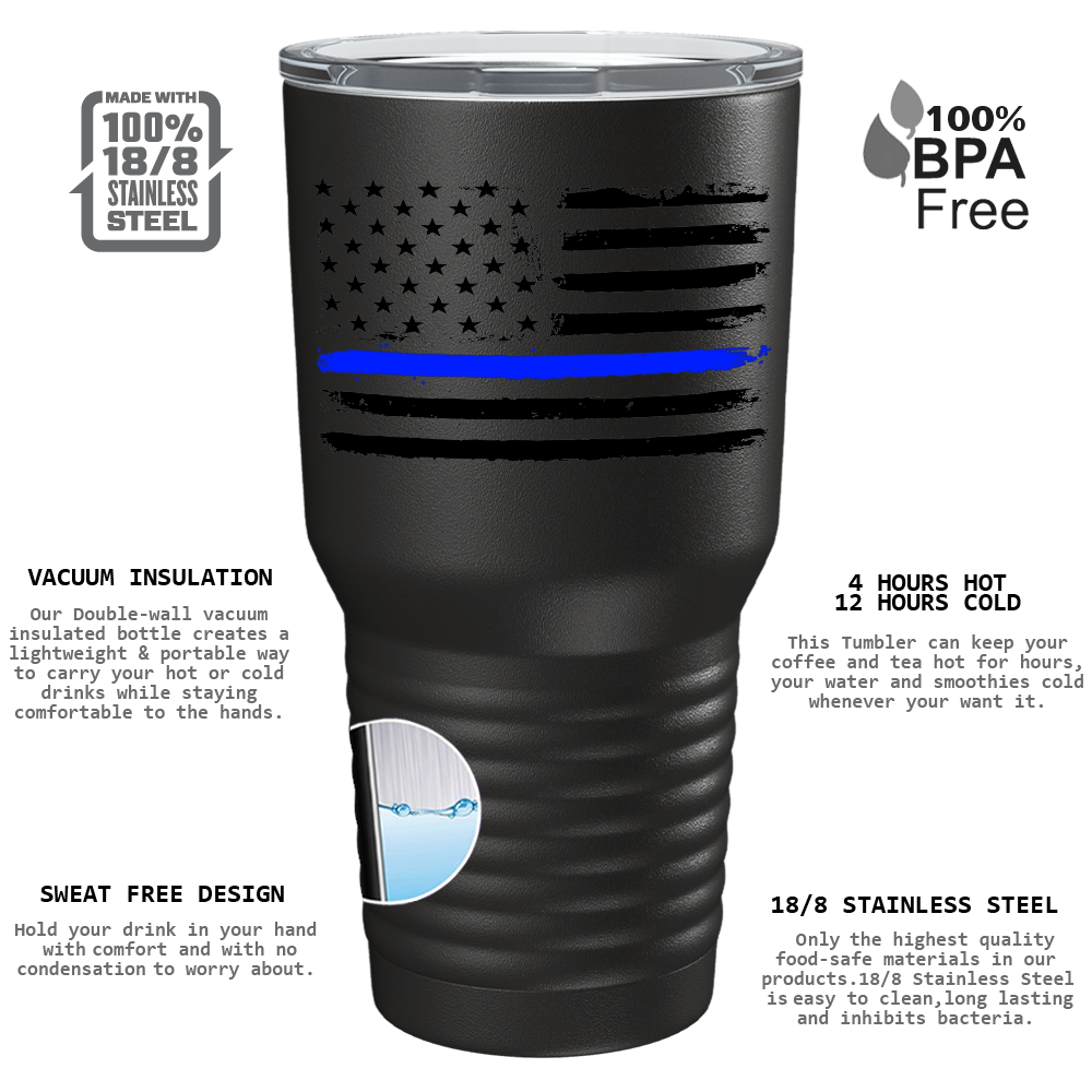 Retro USA Flag Police Thin Blue Line on Black 30oz Police Tumbler