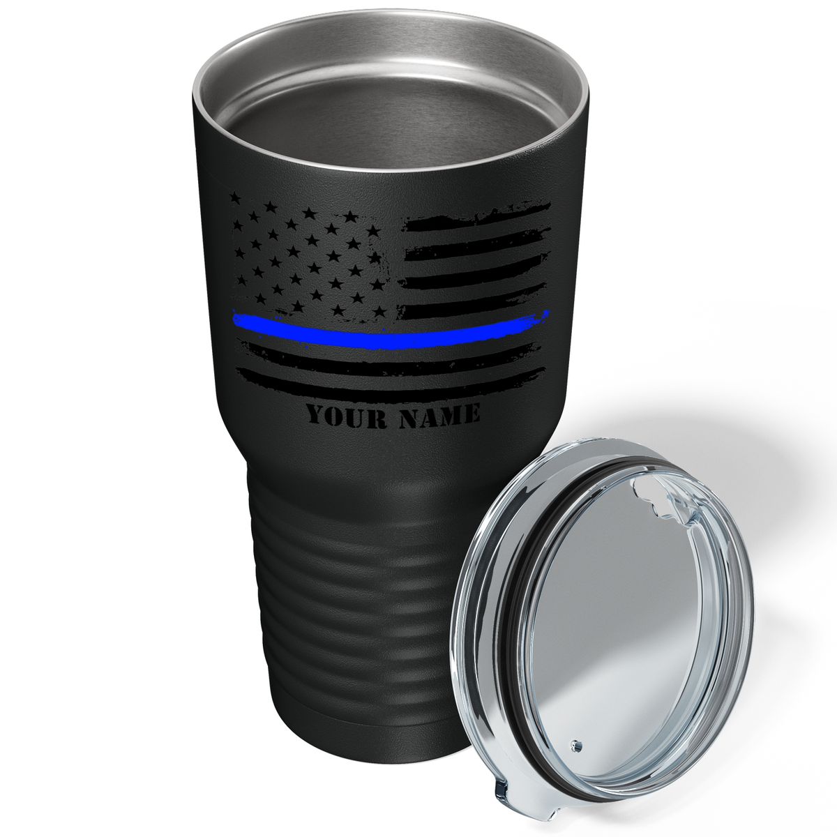 Personalized Retro USA Flag Police Thin Blue Line on Black 30oz Police Tumbler