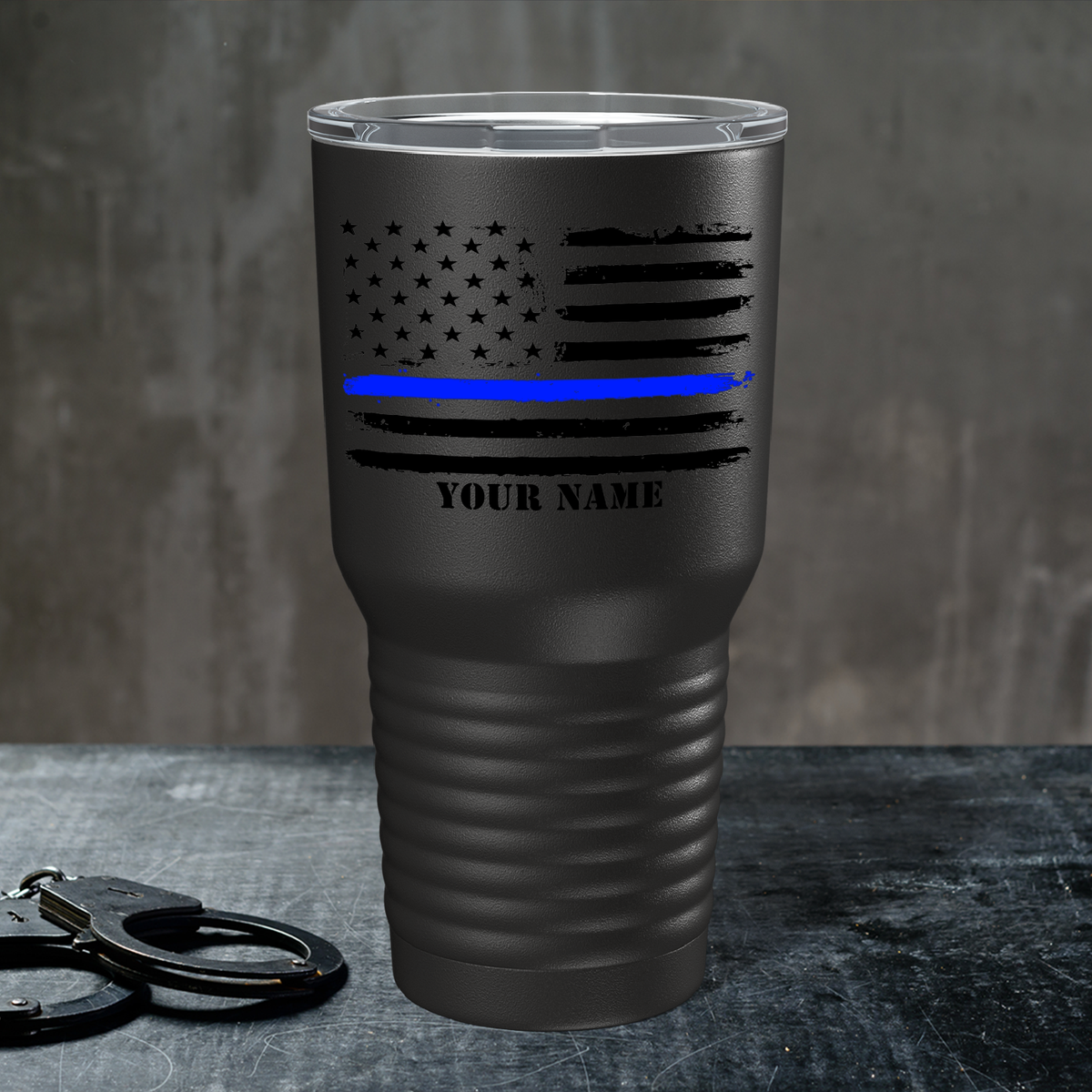 Personalized Retro USA Flag Police Thin Blue Line on Black 30oz Police Tumbler
