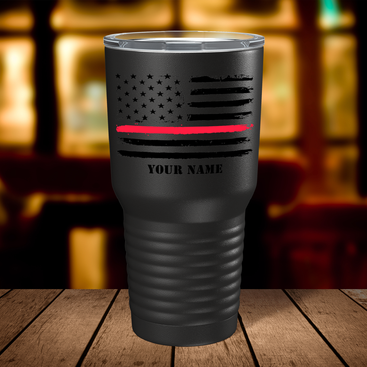 Personalized Retro USA Flag Thin Red Line on Black 30oz Firefighter Tumbler