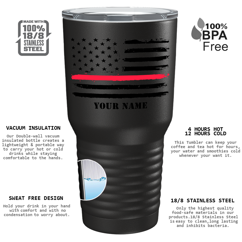 Personalized Retro USA Flag Thin Red Line on Black 30oz Firefighter Tumbler