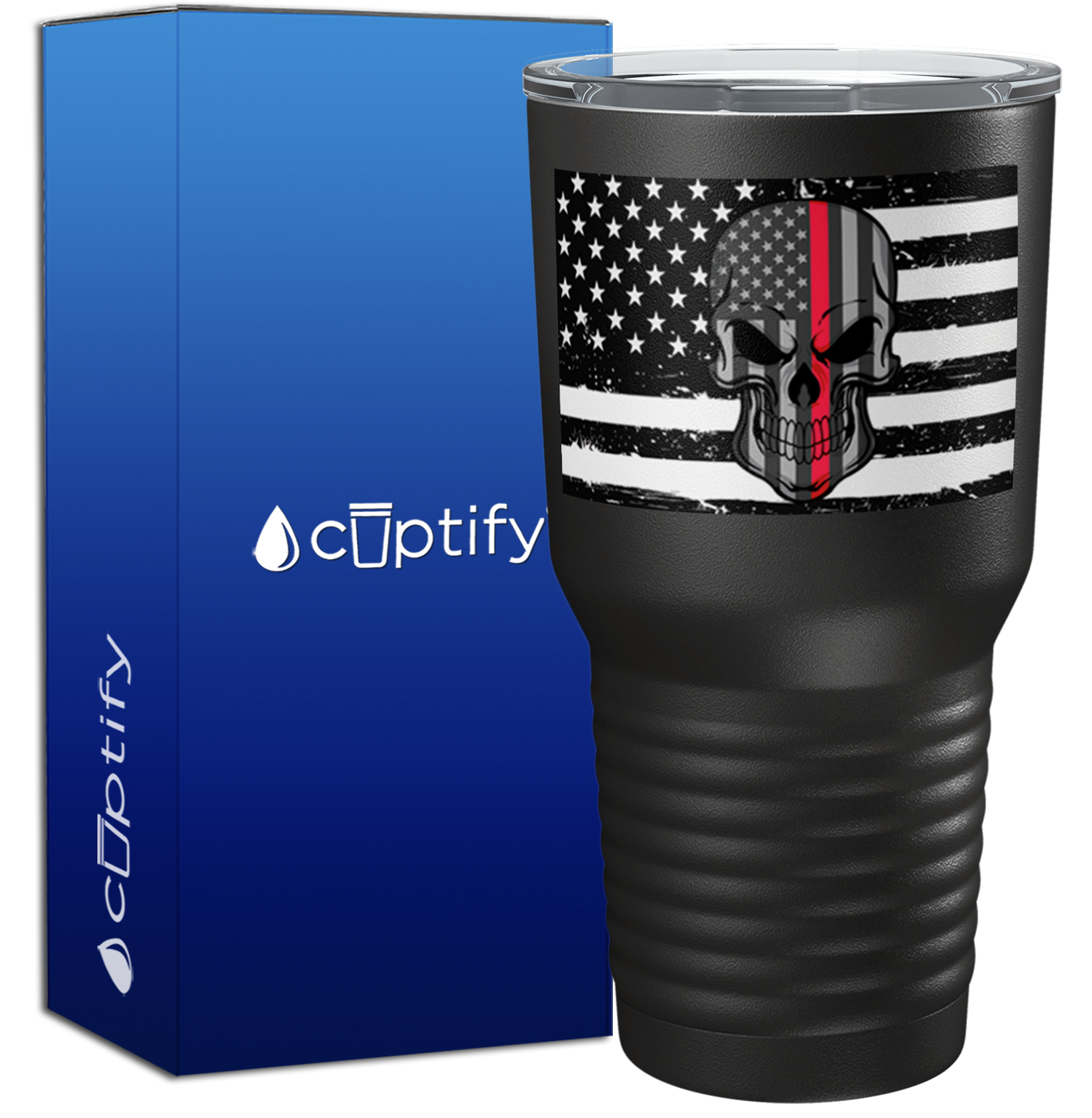 Thin Red Line Flag with Skull on Black 30oz Firefighter Tumbler