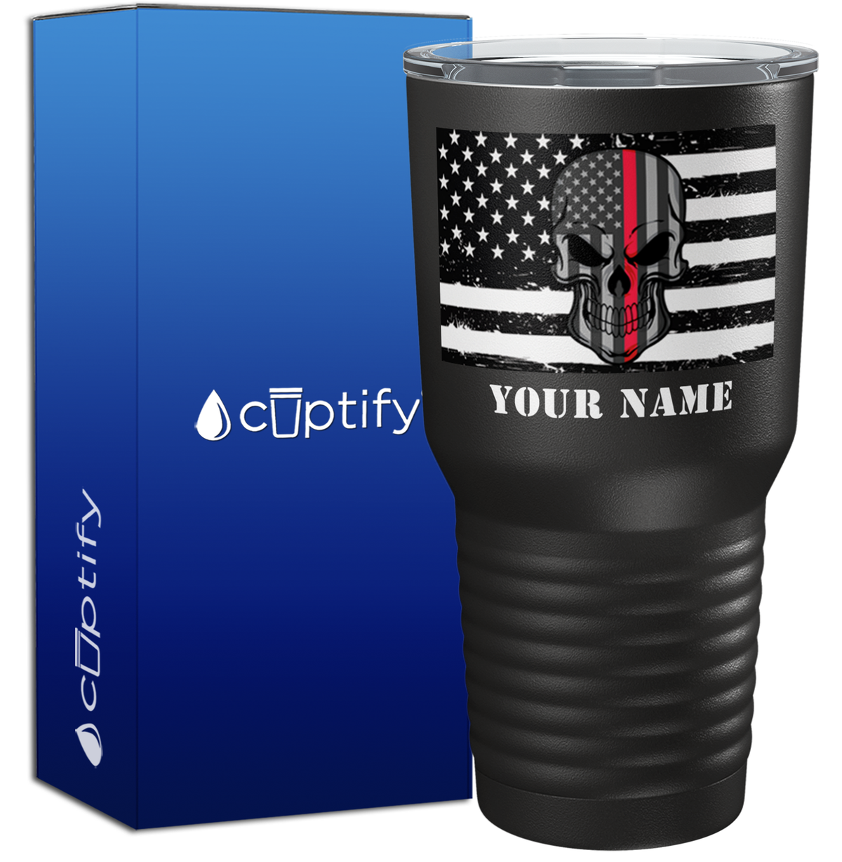 Personalized Thin Red Line Skull Flag on Black 30oz Firefighter Tumbler
