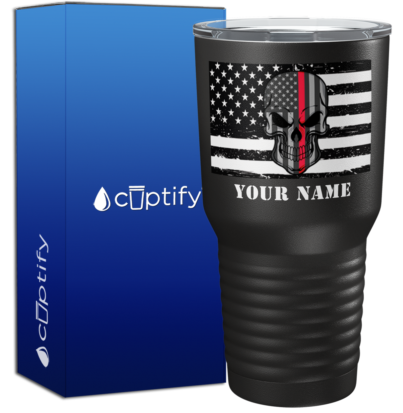Personalized Thin Red Line Skull Flag on Black 30oz Firefighter Tumbler