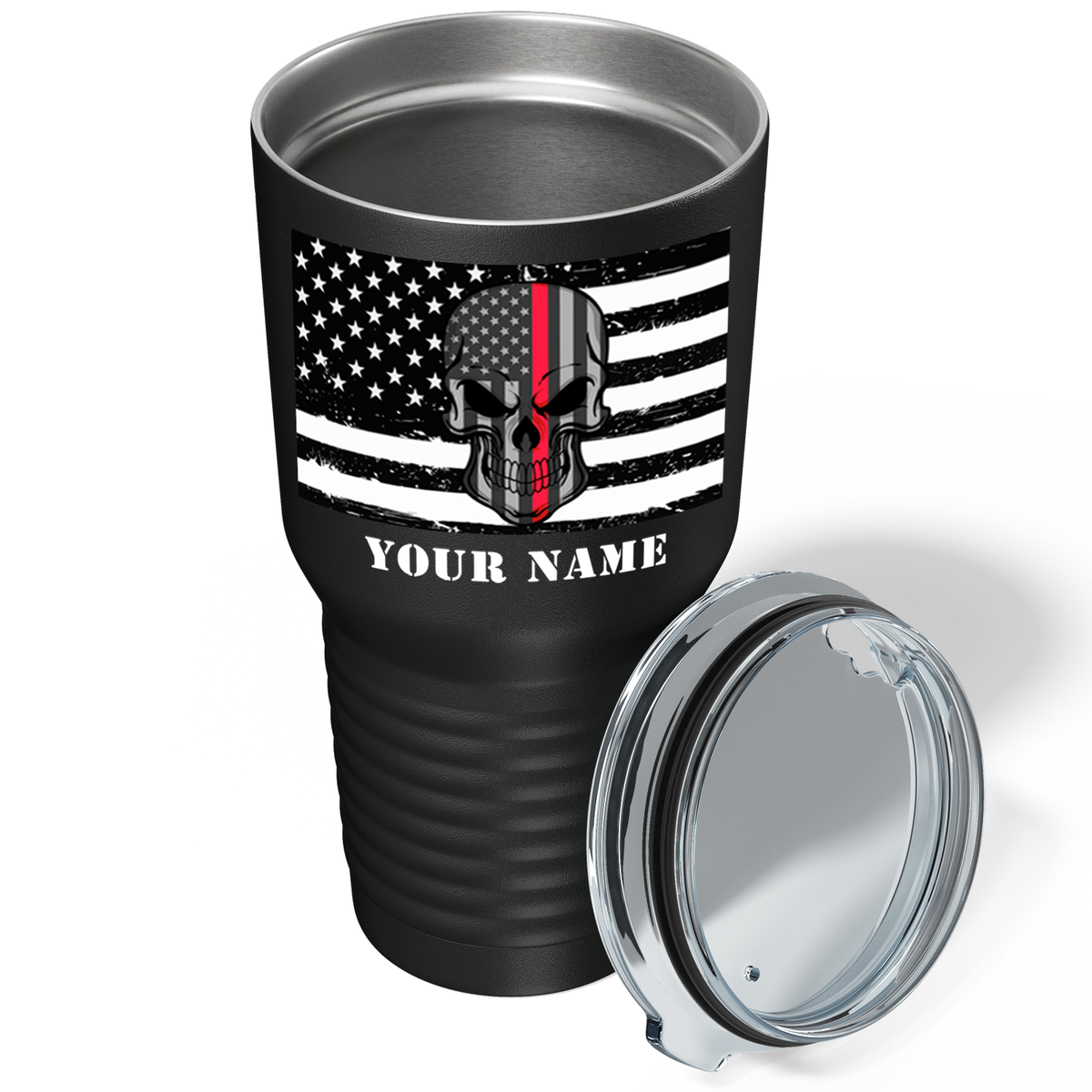 Personalized Thin Red Line Skull Flag on Black 30oz Firefighter Tumbler
