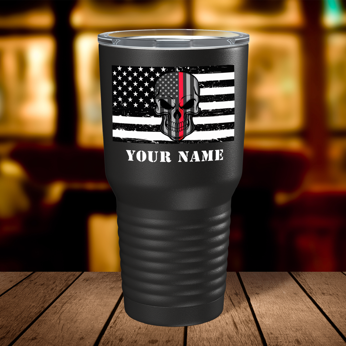 Personalized Thin Red Line Skull Flag on Black 30oz Firefighter Tumbler