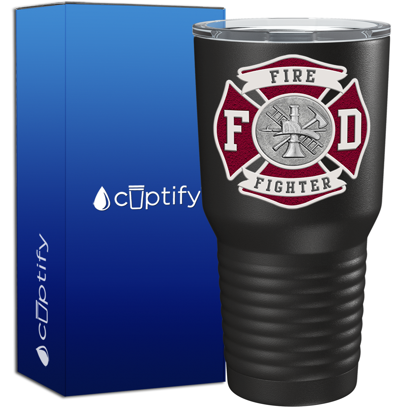 Red Fire Department Badge on Black 30oz Firefighter Tumbler