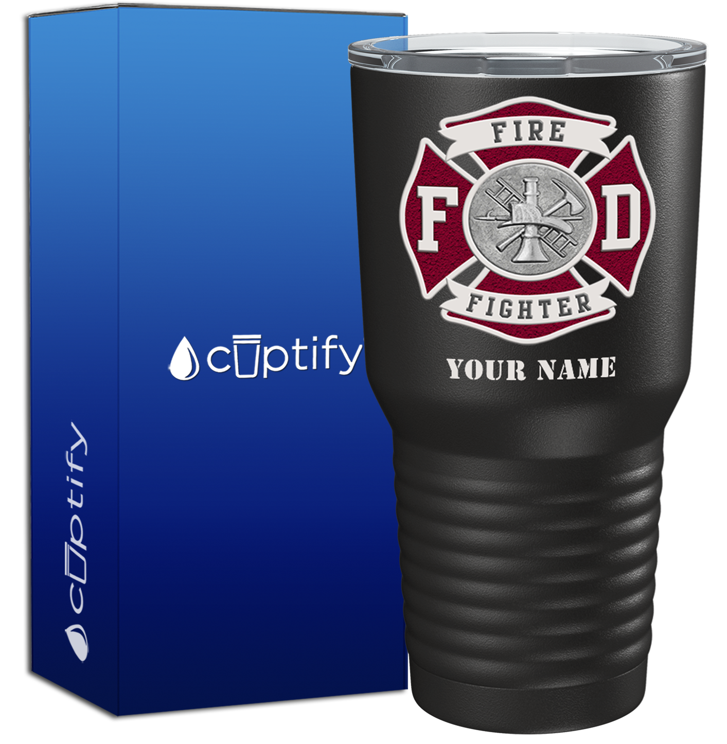 Personalized Red Fire Department Badge on Black 30oz Firefighter Tumbler