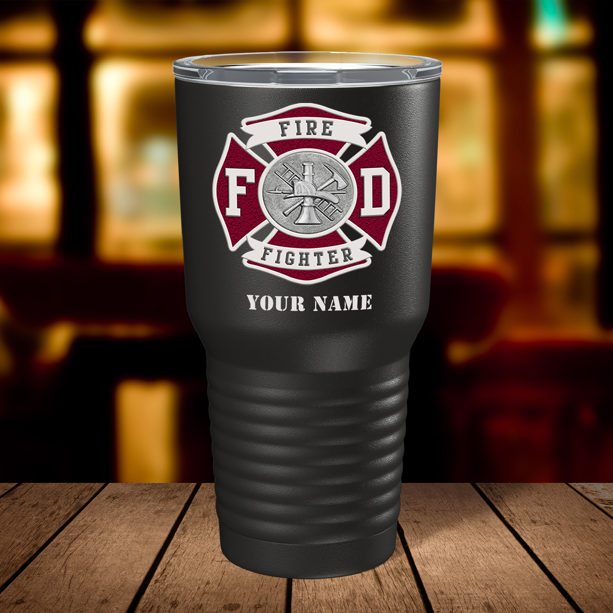 Personalized Red Fire Department Badge on Black 30oz Firefighter Tumbler