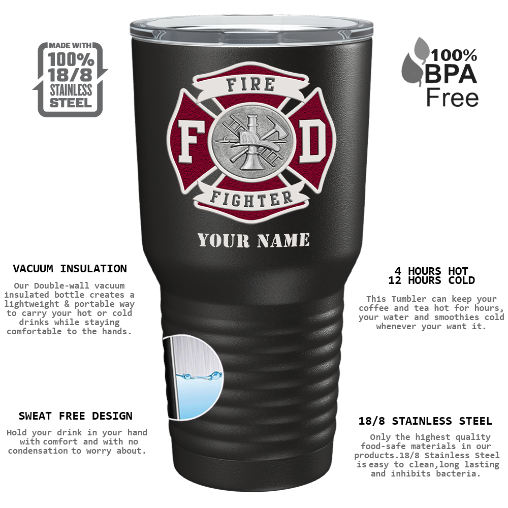 Personalized Red Fire Department Badge on Black 30oz Firefighter Tumbler