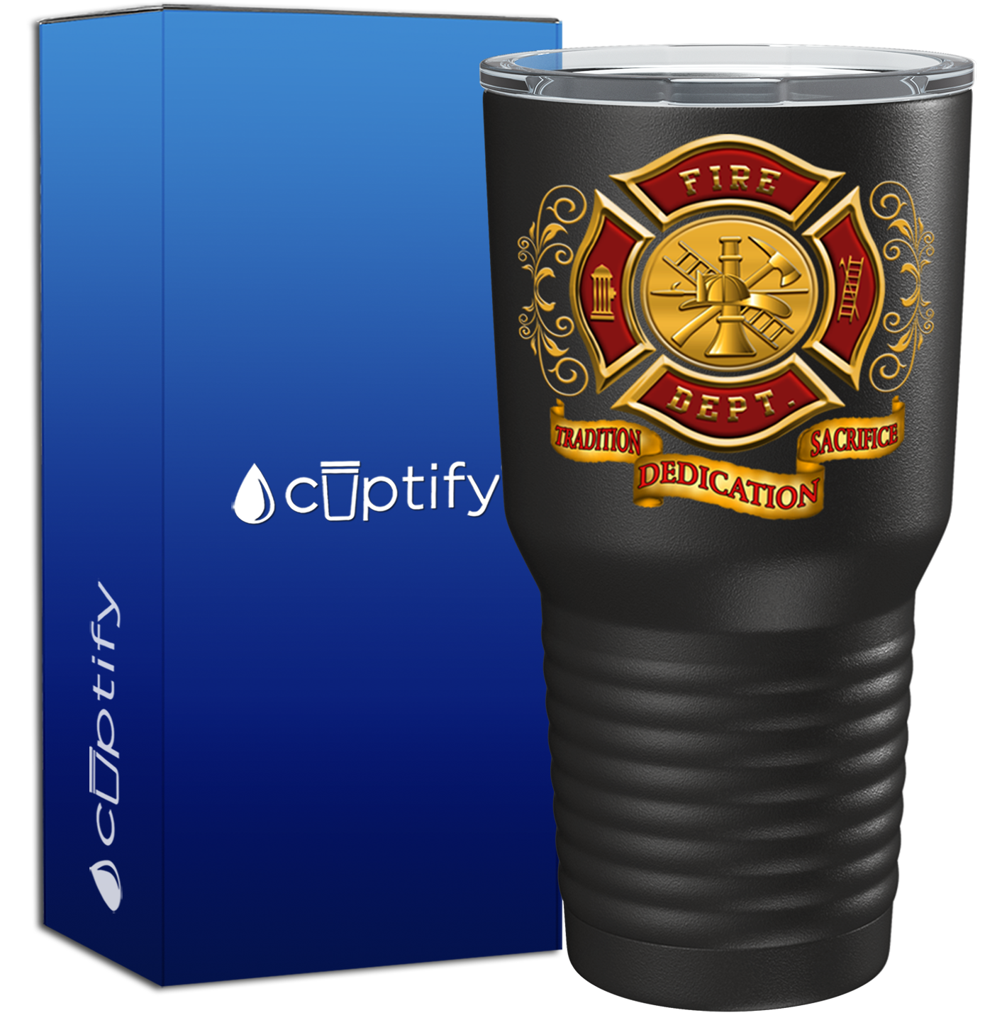 Red Gold Fire Department Badge on Black 30oz Firefighter Tumbler