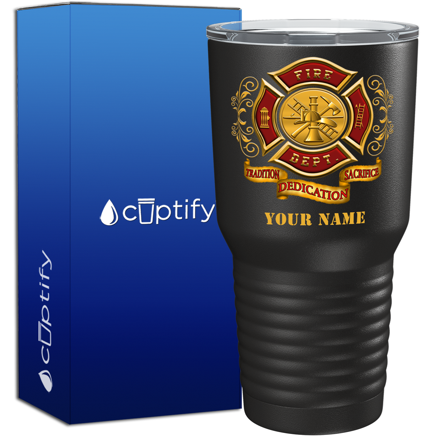 Personalized Red Gold Fire Department Badge on Black 30oz Firefighter Tumbler